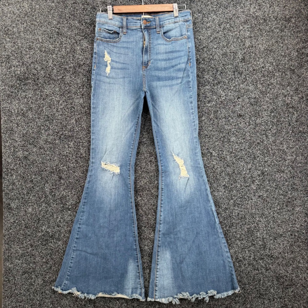 Altar'd State High Rise Distressed Flare Jeans Blue Denim Size 29 Raw Hem
